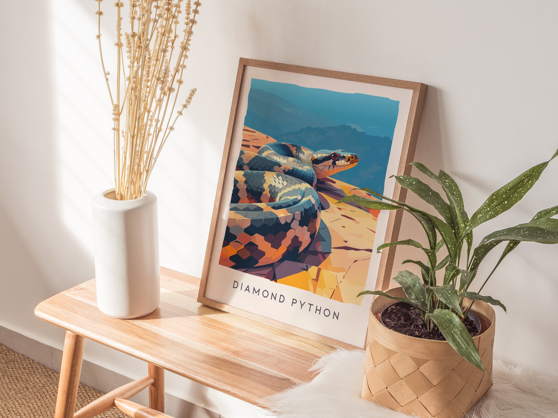 Diamond Python, Australia Poster | Serpent in the Sunlit Canopy Wall Art — styled in a modern interior