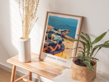 Diamond Python, Australia Poster | Serpent in the Sunlit Canopy Wall Art — styled in a modern interior