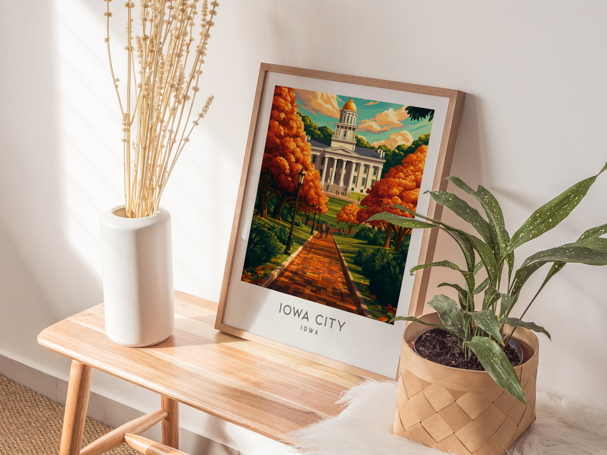 Iowa City Matte Border Poster | Iowa Destination Print Travel Wall Art — styled in a modern interior