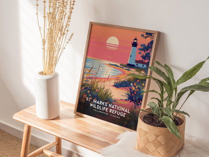 A framed poster of St. Marks Wildlife Refuge sits on a wooden table beside a white vase with dried flowers and a potted plant, capturing a lighthouse scene at sunset.