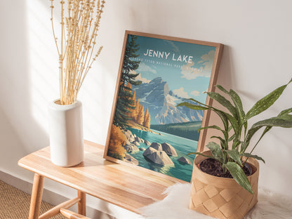 Jenny Lake, Grand Teton National Park, Wyoming Poster | Mountain Reflection Destination Print Wall Art — styled in a modern i