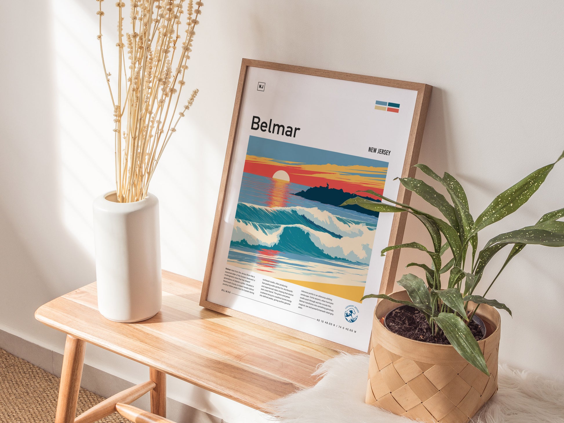 Belmar, New Jersey Poster | Surf & Boardwalk Coastal Wall Art — styled in a modern interior