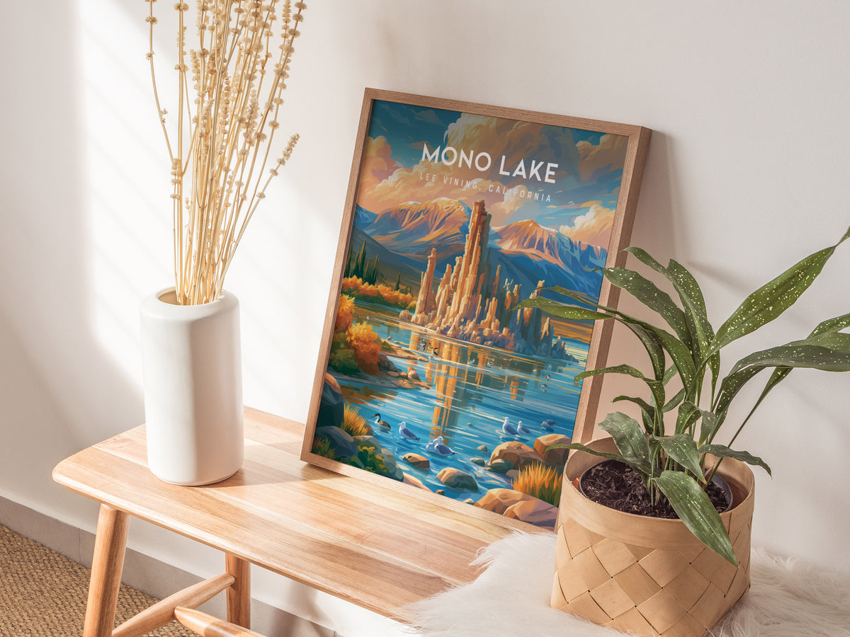 Mono Lake, Lee Vining, California Poster | Tufa Towers & Desert Lake Destination Print — styled in a modern interior