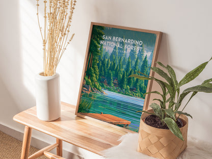 San Bernardino National Forest, California Poster | Mountain Pines & Alpine Wilderness Wall Art — styled in a modern interior