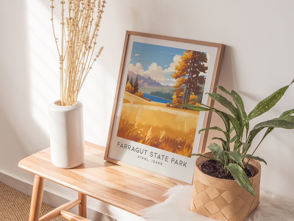 Farragut State Park Matte Border Poster | Athol, Idaho Travel Wall Art — styled in a modern interior