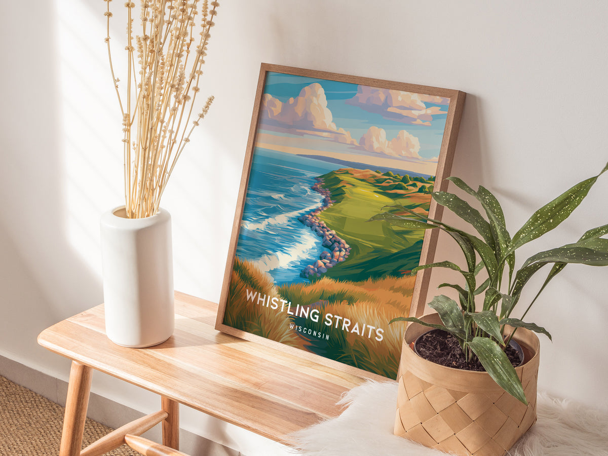 Whistling Straits, Wisconsin Poster | Links Golf Course Lakeside Wall Art — styled in a modern interior
