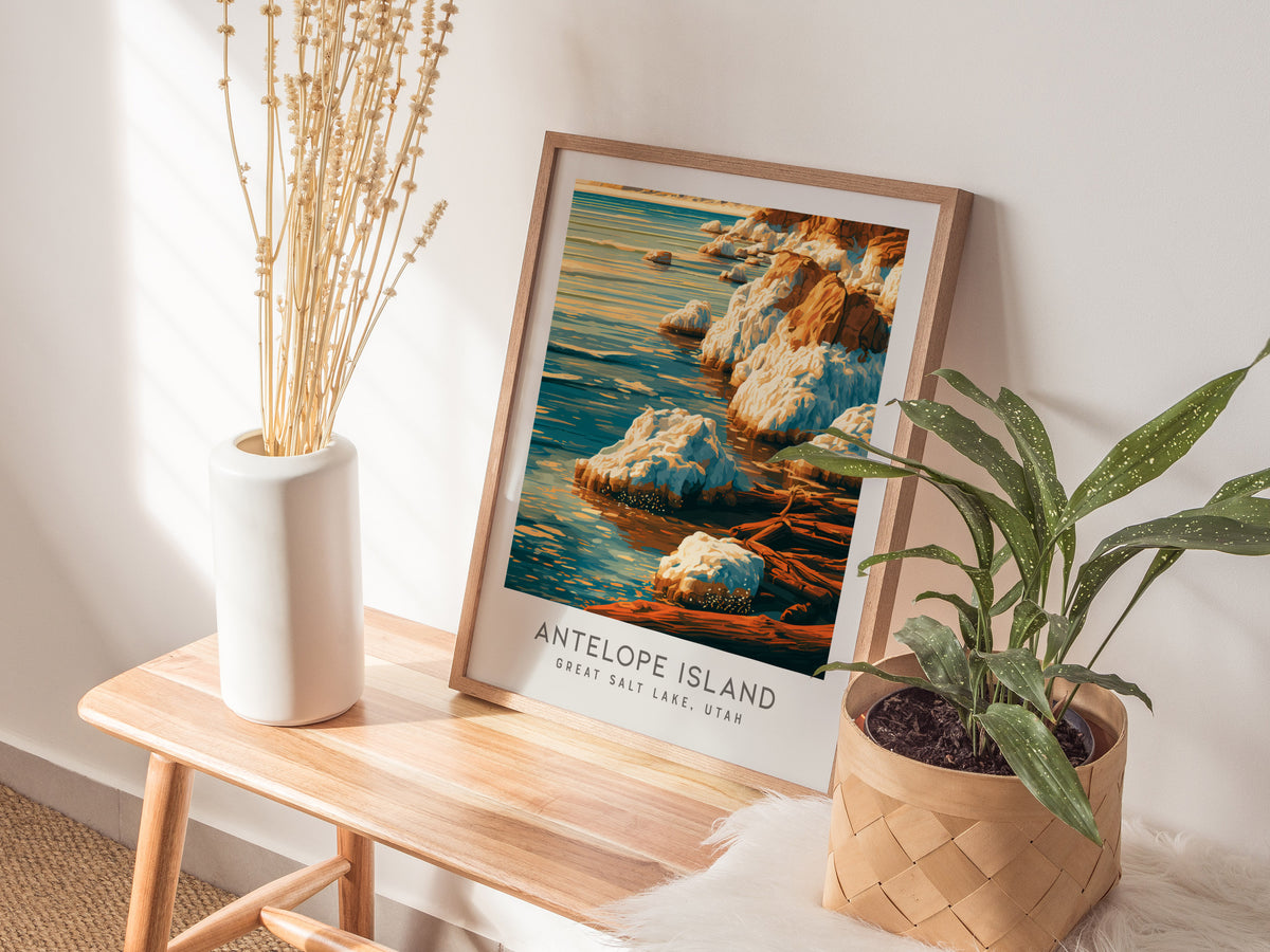 Antelope Island Matte Border Poster | Great Salt Lake, Utah Travel Wall Art — styled in a modern interior