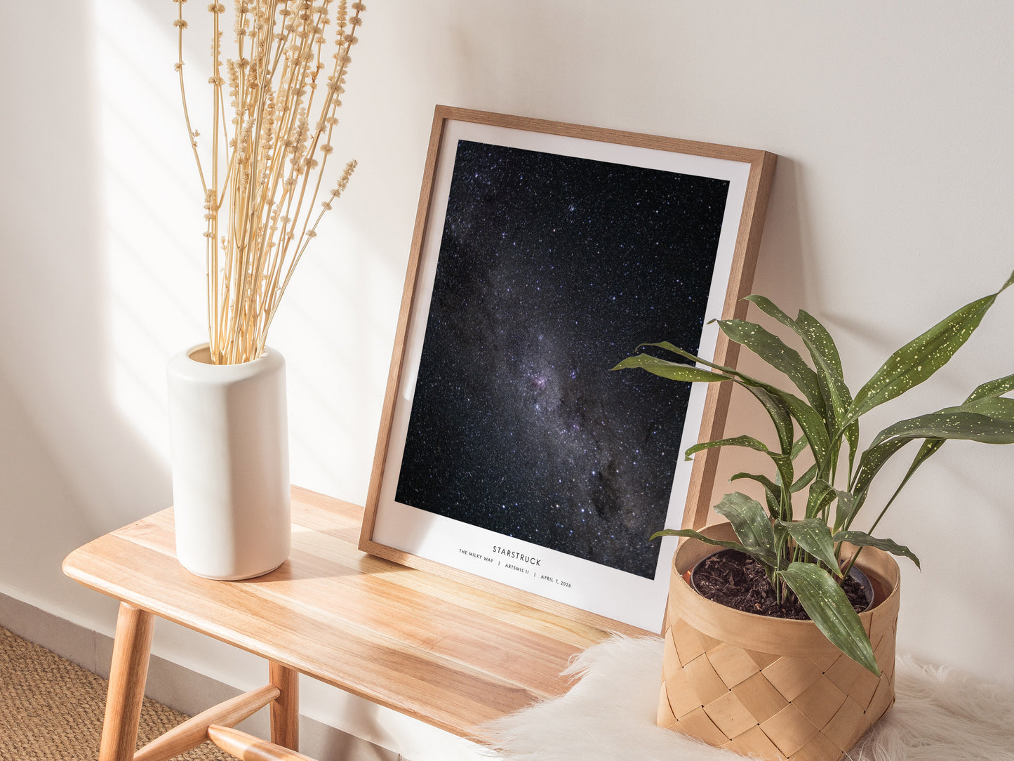 Framed Milky Way night sky poster with starry details, deep blues and blacks, showcasing awe-inspiring space art from Swell Scenes.