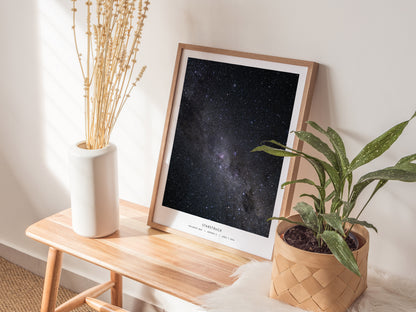 Framed Milky Way night sky poster with starry details, deep blues and blacks, showcasing awe-inspiring space art from Swell Scenes.
