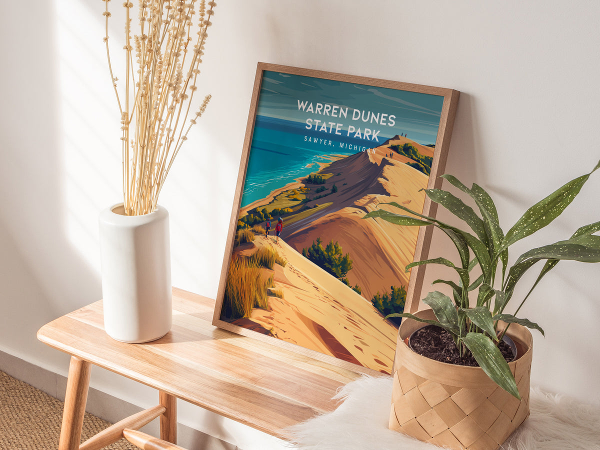 Warren Dunes State Park, Sawyer, Michigan Poster | Coastal Beach Decor Wall Art — styled in a modern interior