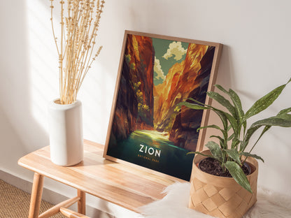 A framed Zion National Park poster depicting The Narrows rests on a wooden table, accompanied by a vase of dried flowers and a potted plant. Sunlight filters through nearby.