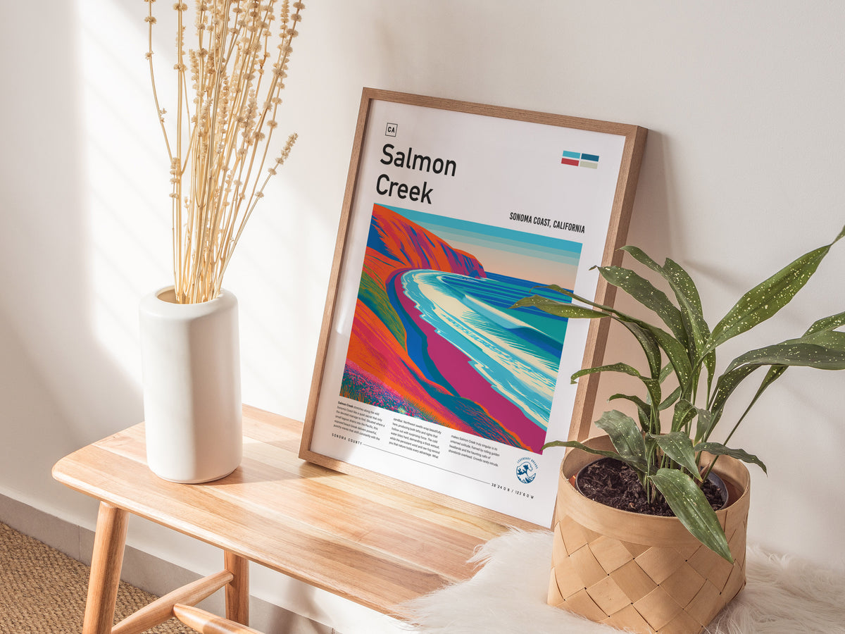 Salmon Creek, Sonoma Coast, California Poster | Surf Wall Art & Wave Print — styled in a modern interior