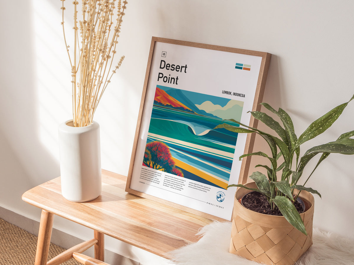 Desert Point, Lombok, Indonesia Poster | Surf Wall Art & Wave Print Wall Art — styled in a modern interior