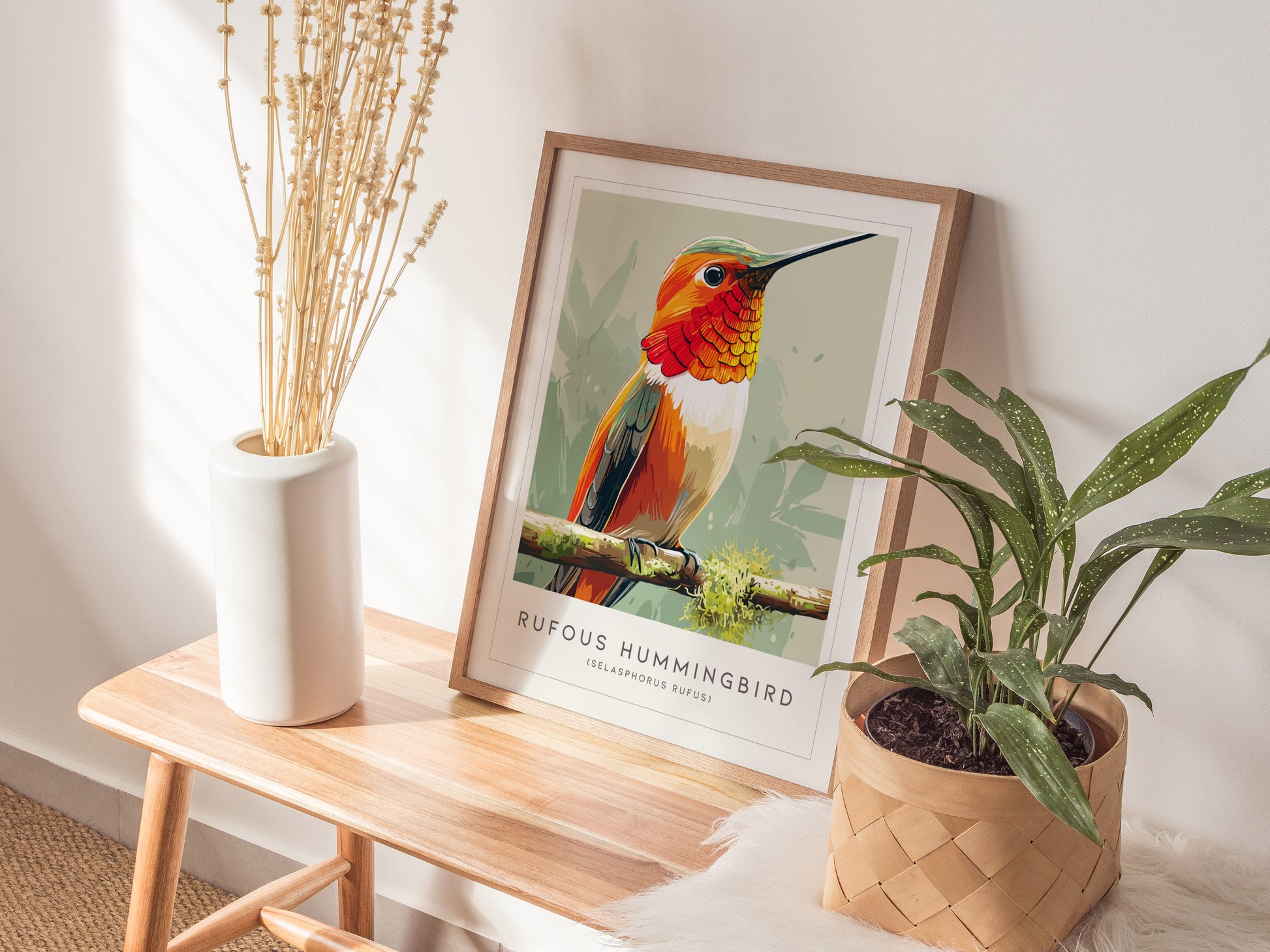 Rufous Hummingbird, Selasphorus rufus Poster | Vibrant Bird Wall Art — styled in a modern interior