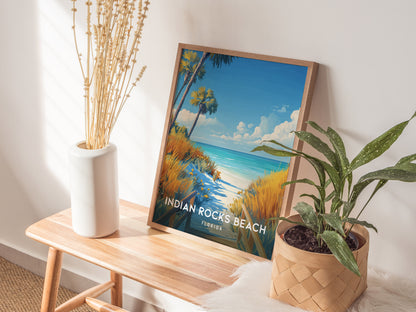Home setting displaying unframed wall art posters of serene Indian Rocks Beach with golden sea oats and turquoise waters.