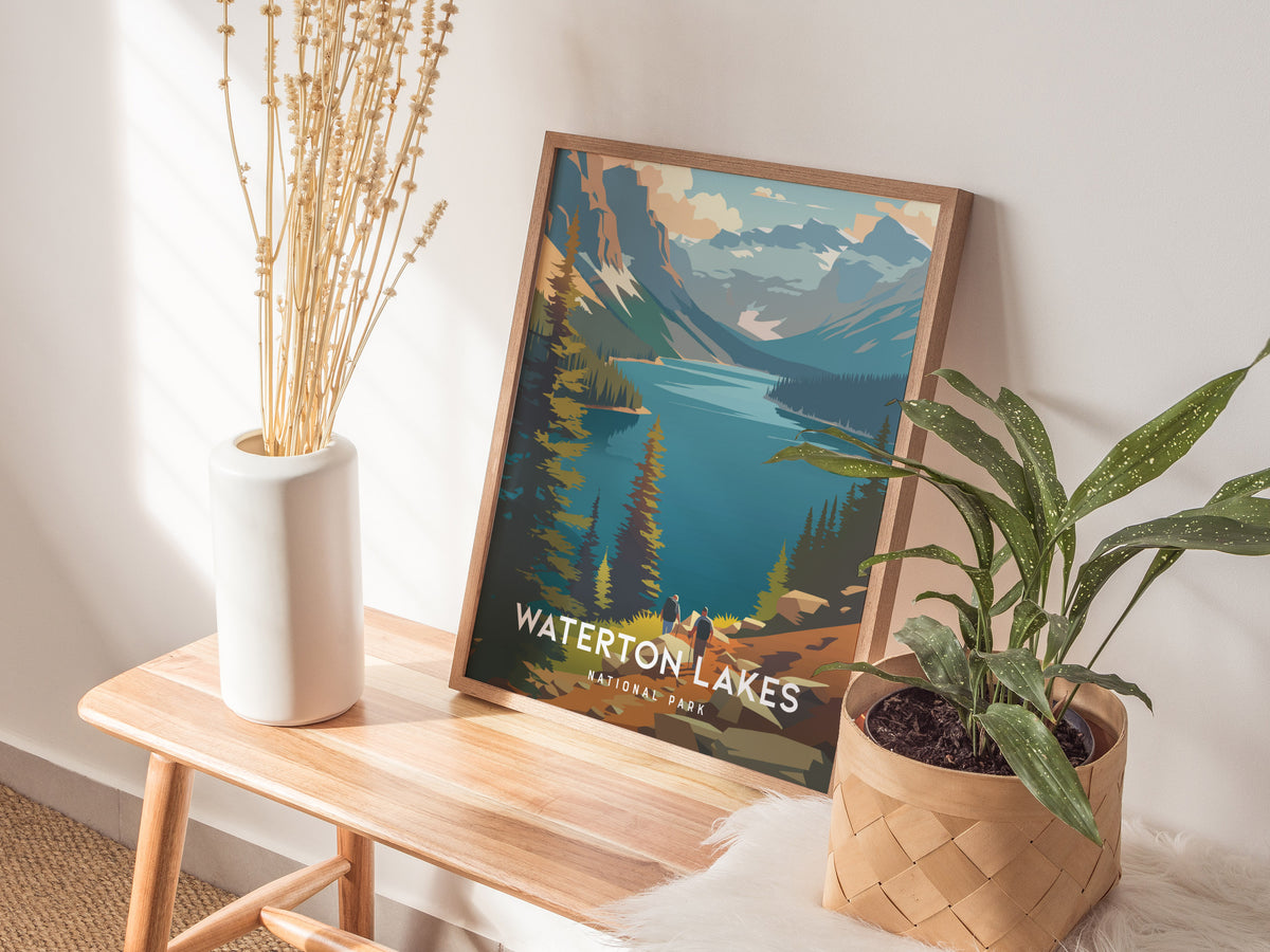 Waterton Lakes, National Park Canada Poster | Mountain Lake Destination Print Wall Art — styled in a modern interior