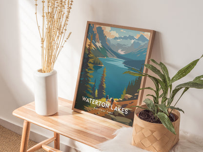 Waterton Lakes, National Park Canada Poster | Mountain Lake Destination Print Wall Art — styled in a modern interior