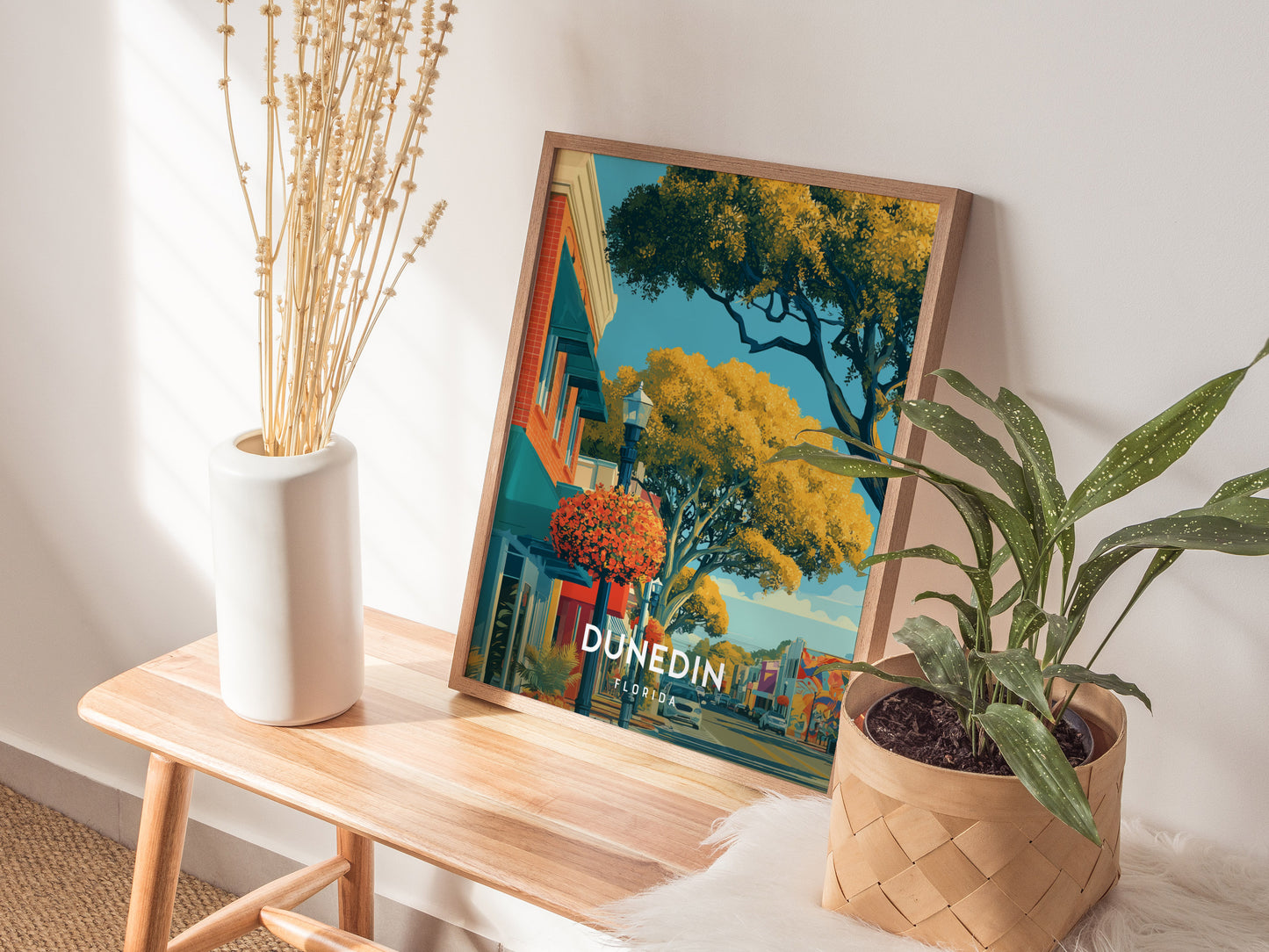 Dunedin, Florida Poster | Honeymoon Island Sunset Coastal Wall Art — styled in a modern interior