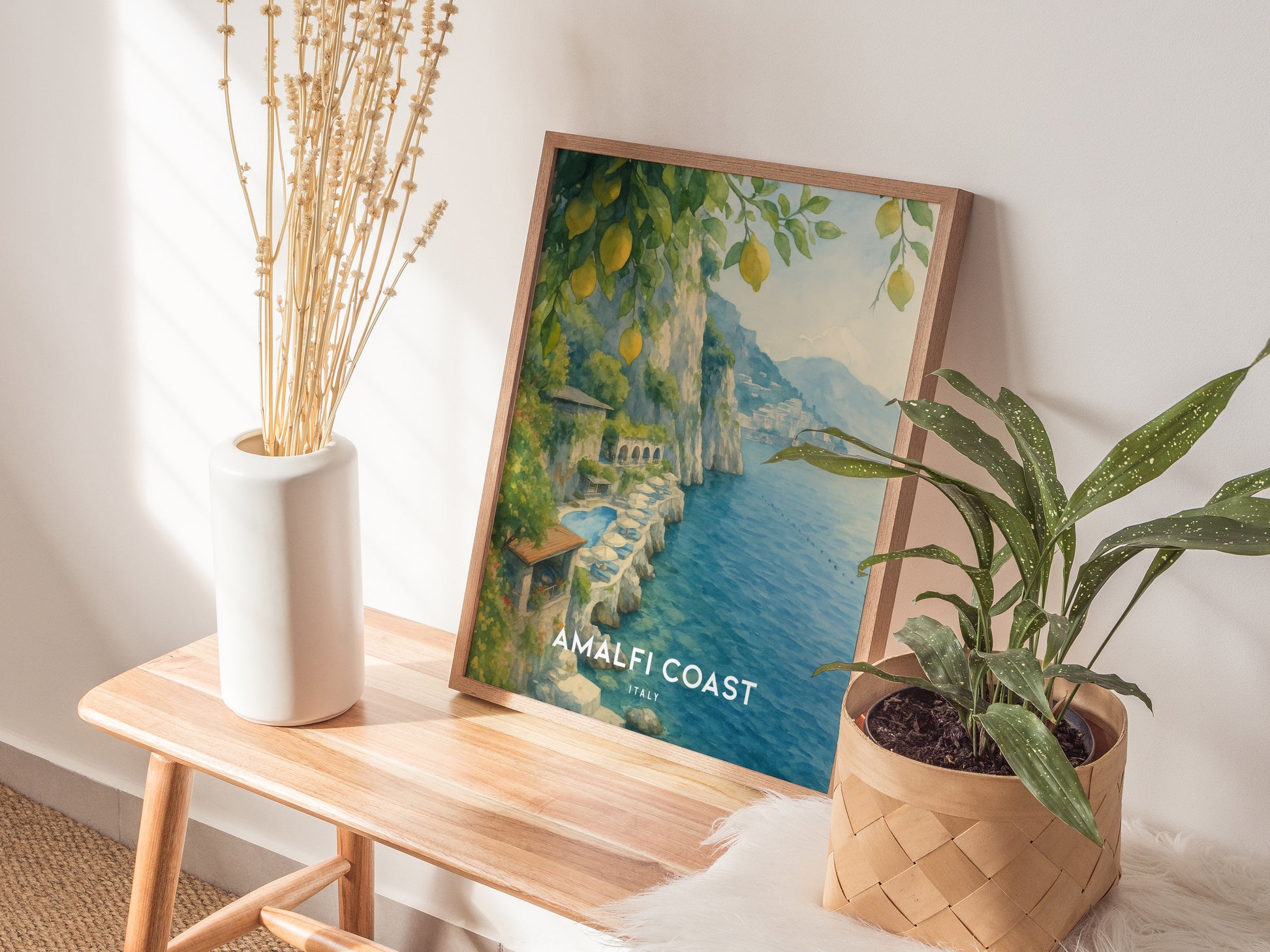 Amalfi Coast Italy Watercolor Travel Print | Hotel Santa Caterina Wall Art Poster | Framed or Unframed