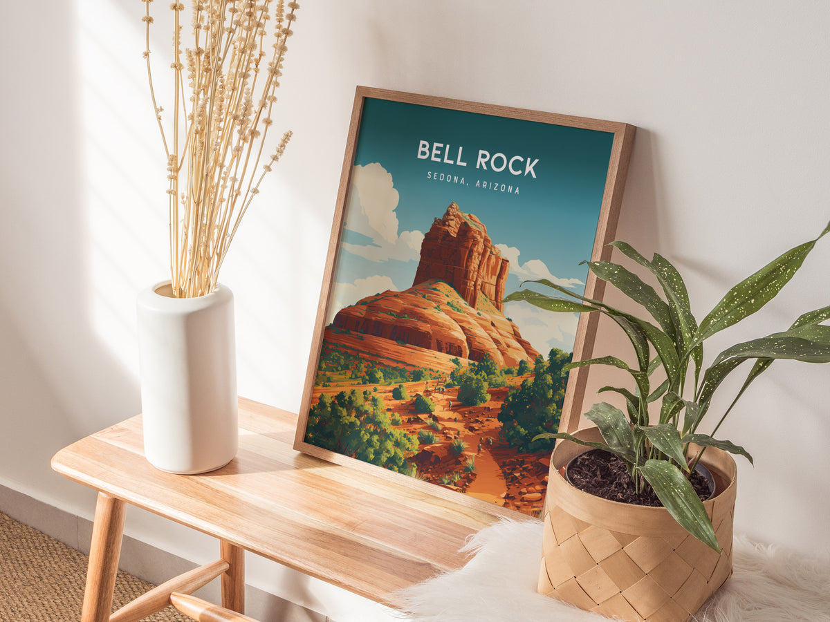 Bell Rock, Sedona, Arizona Poster | Red Rock Desert Destination Print Wall Art — styled in a modern interior