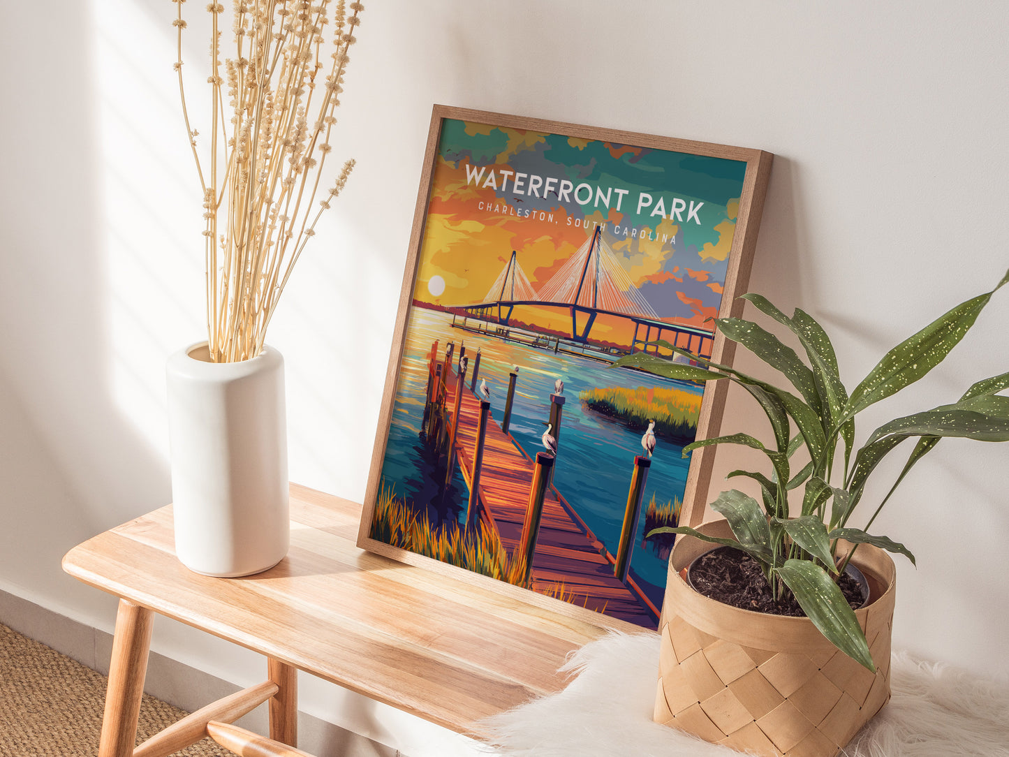 Waterfront Park, Charleston Poster | Southern Harbor Palmetto Charm Wall Art — styled in a modern interior
