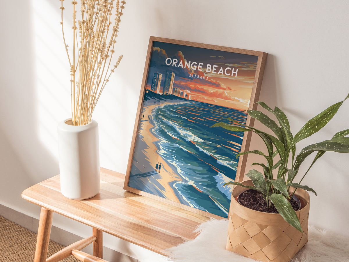 Orange Beach, Alabama Poster | Sugar-White Sands & Sunset Wall Art — styled in a modern interior