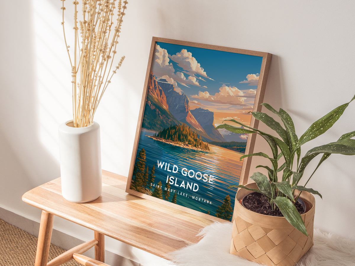 Wild Goose Island, Saint Mary Lake, Montana Poster | Mountain Lake Destination Print Wall Art — styled in a modern interior