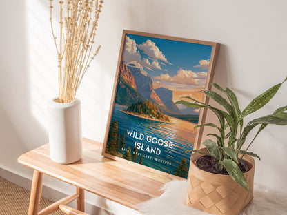 Wild Goose Island, Saint Mary Lake, Montana Poster | Mountain Lake Destination Print Wall Art — styled in a modern interior