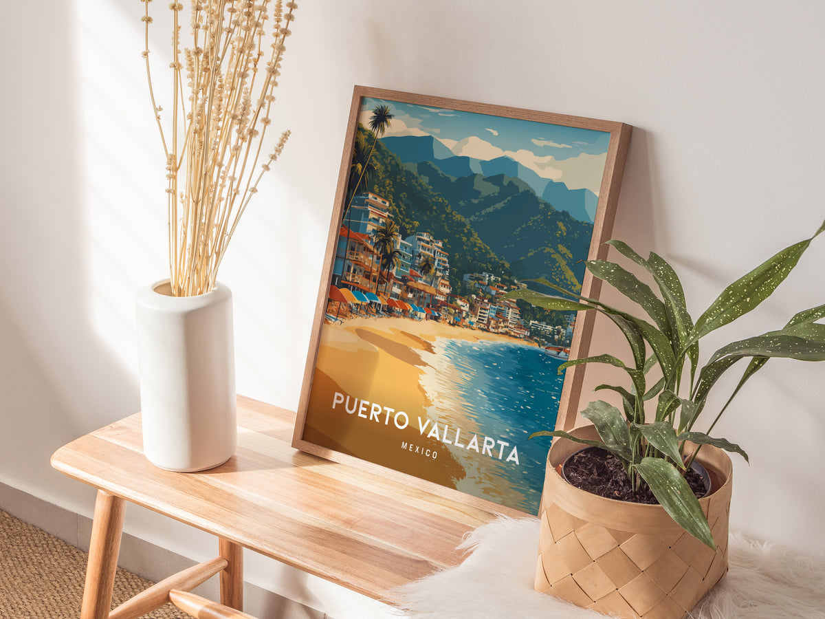 Puerto Vallarta, Mexico Poster | Tropical Beach Print Coastal Wall Art — styled in a modern interior