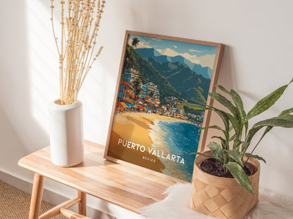 Puerto Vallarta, Mexico Poster | Tropical Beach Print Coastal Wall Art — styled in a modern interior