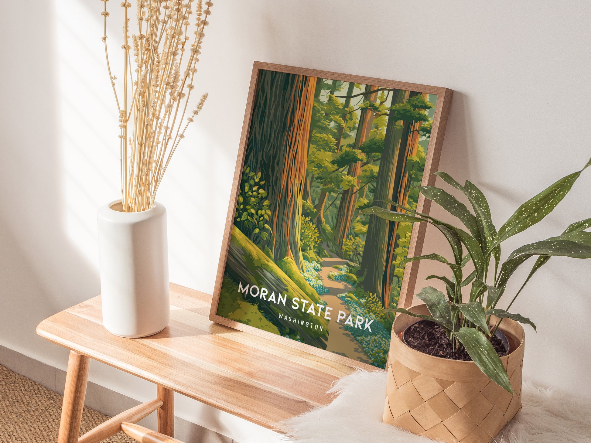Moran State Park, Washington Poster | Mountain Lake & Evergreen Forest Wall Art — styled in a modern interior