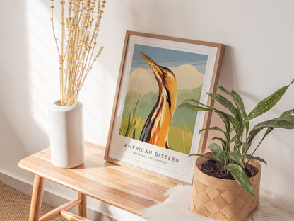 American Bittern Poster | Marshland Heron Wildlife Wall Art — styled in a modern interior