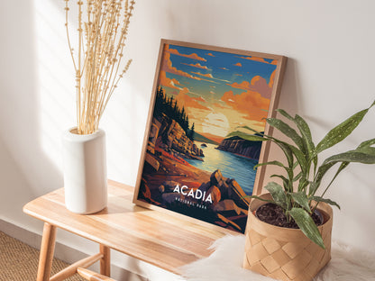 A framed Acadia National Park poster depicting a coastal sunset rests on a wooden bench alongside a white vase with dried flowers and a potted plant.