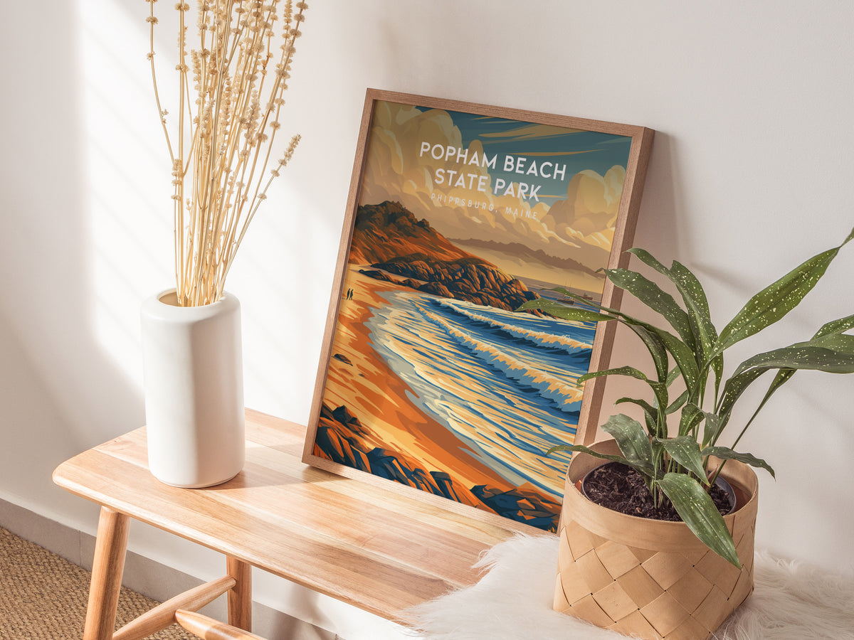 Popham Beach State Park, Phippsburg, Maine Poster | Destination Print Beach House Decor Wall Art — styled in a modern interio