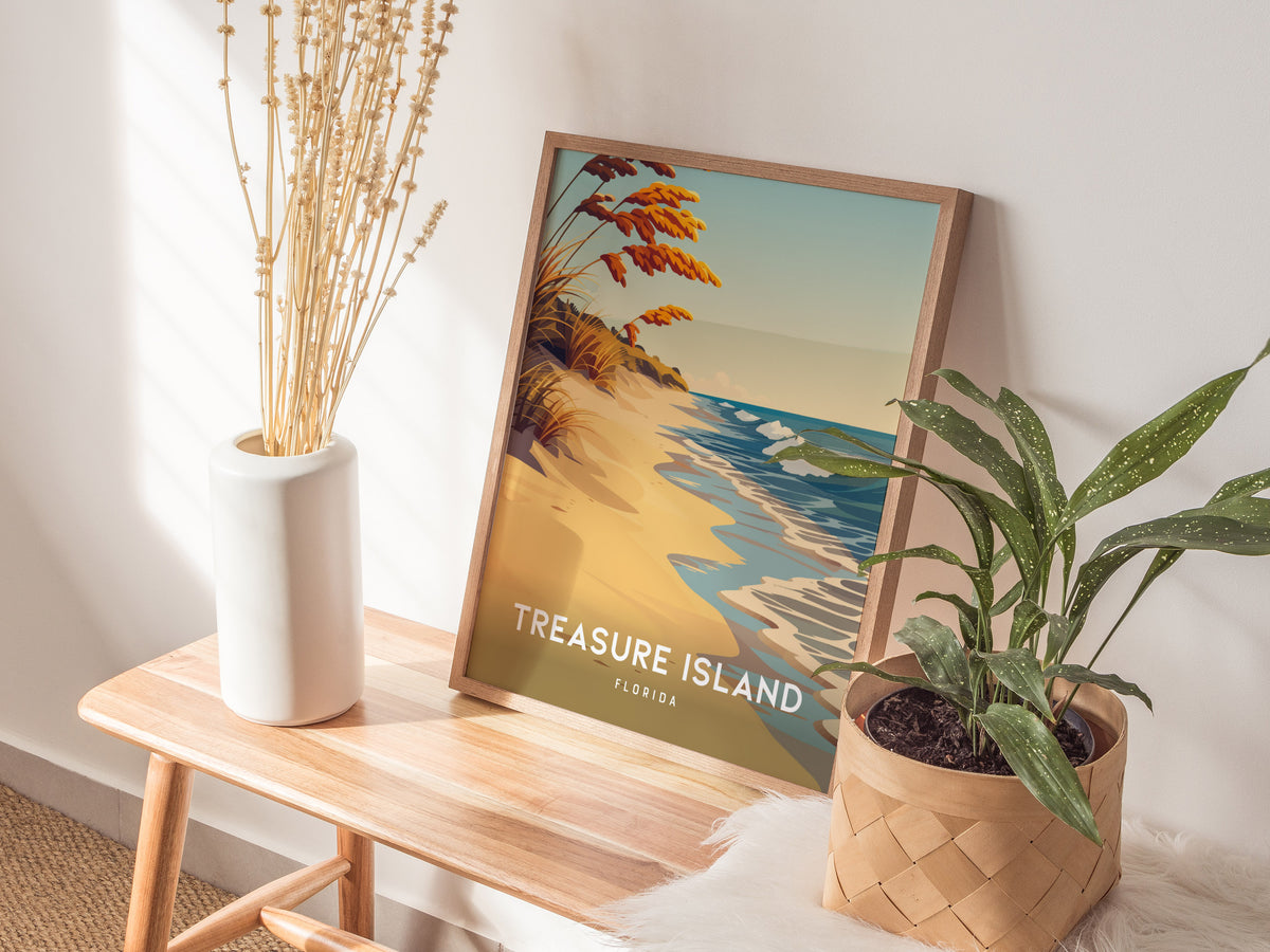 Treasure Island, Florida Poster | Sunset Beach & Lifeguard Tower Wall Art — styled in a modern interior