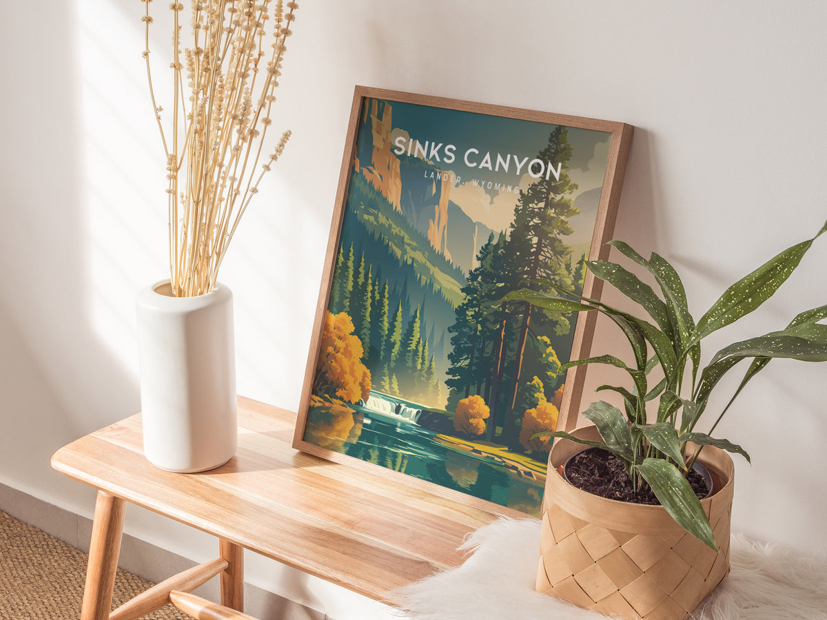 Sinks Canyon, Lander, Wyoming Poster | Wild River & Canyon Cliffs Destination Print — styled in a modern interior