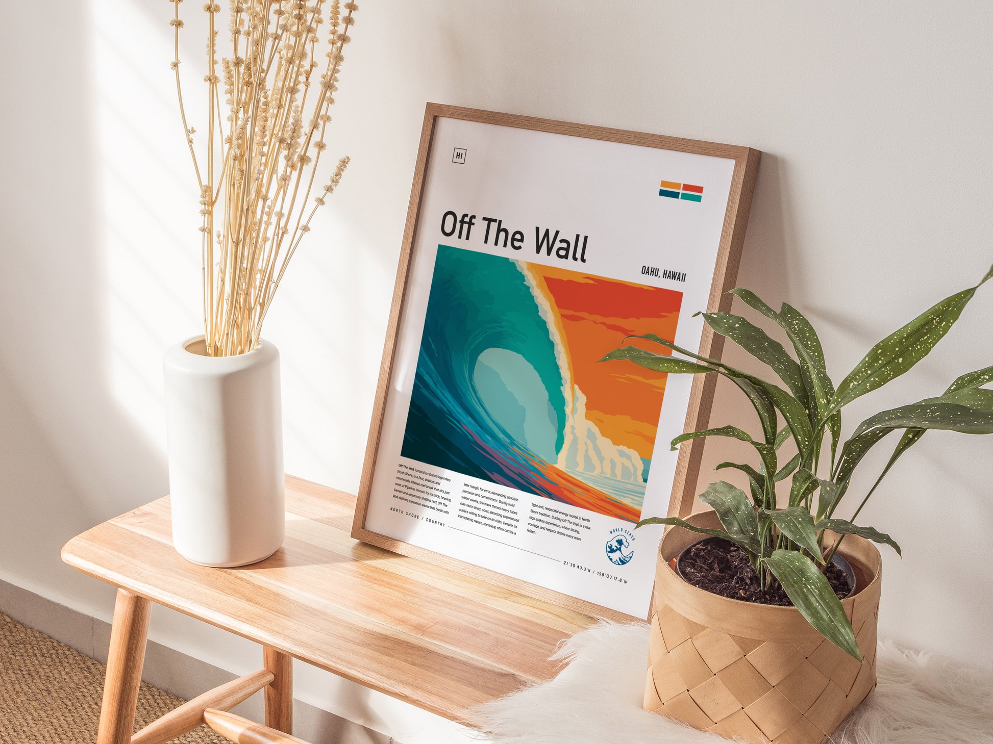 Framed Off The Wall poster featuring a vibrant Oahu wave in bold blue with a warm sunset, perfect surf art decor for enthusiasts.