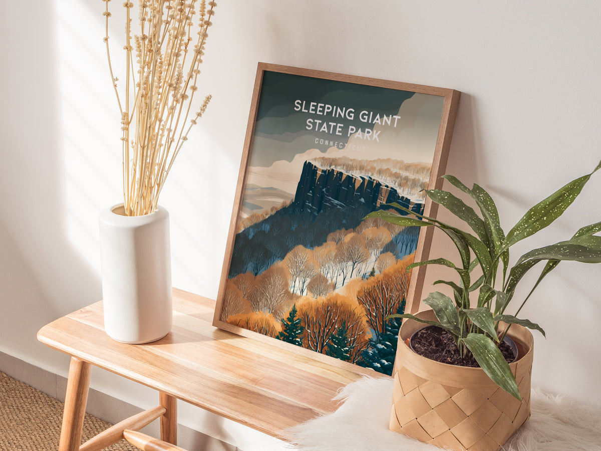 Sleeping Giant State Park, Connecticut Poster | Traprock Ridge Trail Destination Print Wall Art — styled in a modern interior