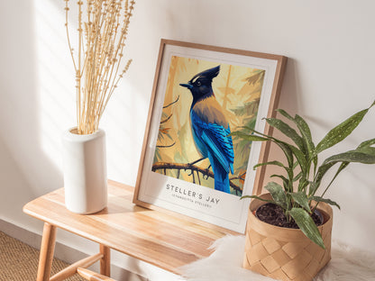 Steller's Jay, Cyanocitta stelleri Poster | Bold Mountain Bird Wall Art — styled in a modern interior