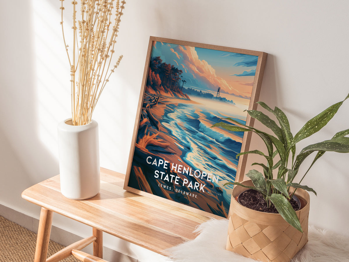 Cape Henlopen State Park, Lewes, Delaware Poster | Dunes & Lighthouse Coastal Beach Decor — styled in a modern interior