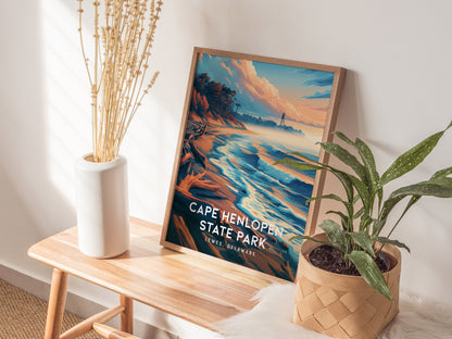 Cape Henlopen State Park, Lewes, Delaware Poster | Dunes & Lighthouse Coastal Beach Decor — styled in a modern interior