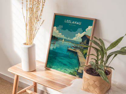 Leelanau Michigan Lake Poster | Rustic Dock Sailboat Wall Art