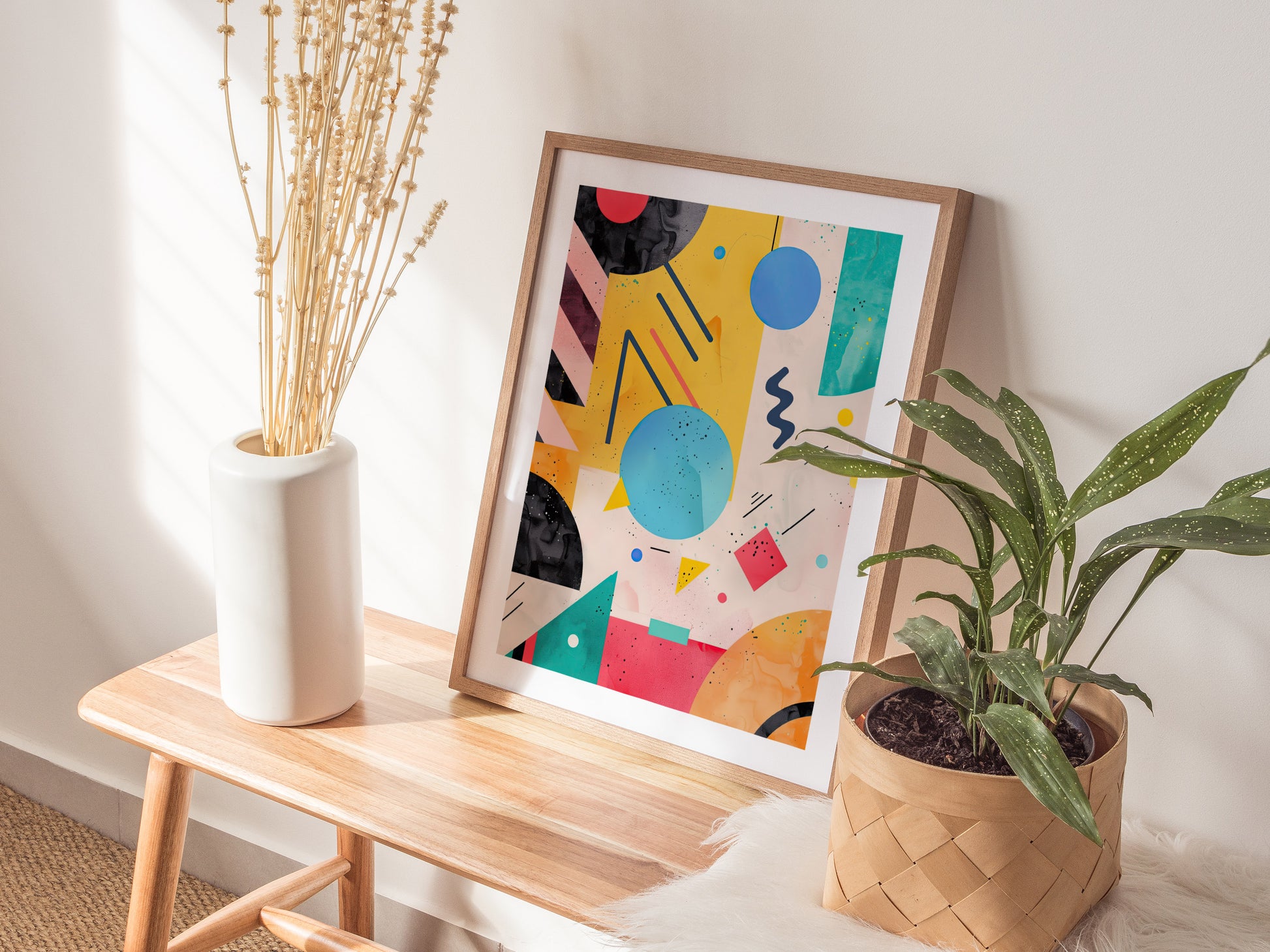 A vibrant 1990s abstract design poster with geometric shapes and vivid colors is displayed on a wooden bench, accompanied by a white vase with dried flowers and a potted plant.