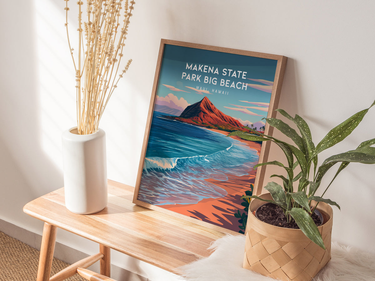 Makena State Park Big Beach, Maui, Hawaii Poster | Tropical Beach Print Wall Art — styled in a modern interior