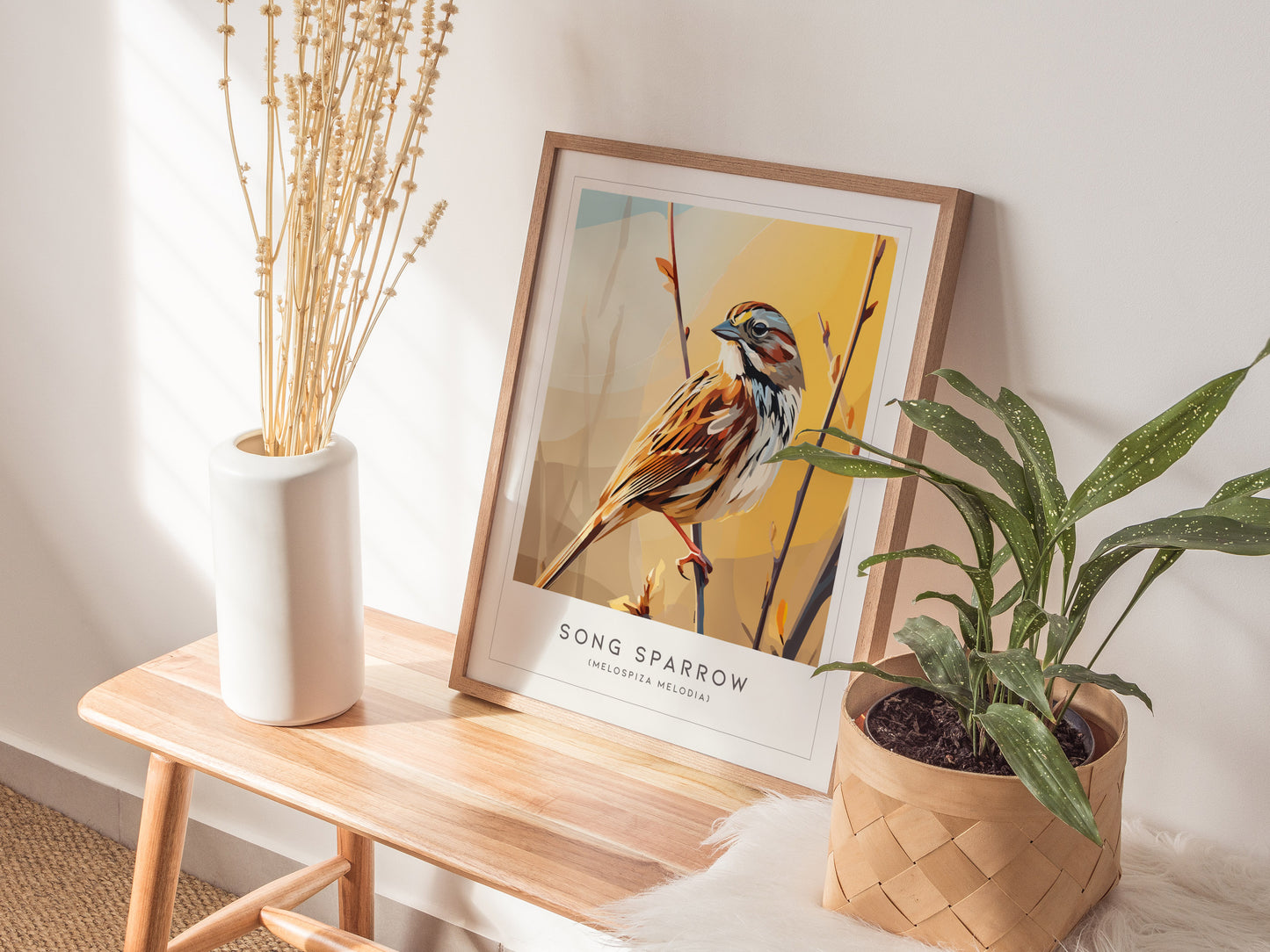 Song Sparrow Poster | Perched Songbird & Wildflower Meadow Wall Art — styled in a modern interior
