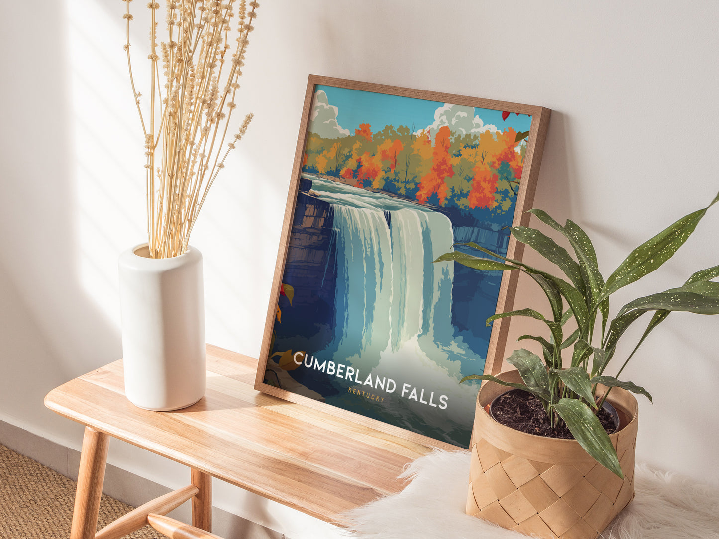 Artistic vintage poster of Cumberland Falls in Kentucky, showcasing vibrant blues and greens of the waterfall amid autumn foliage.