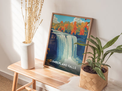 Artistic vintage poster of Cumberland Falls in Kentucky, showcasing vibrant blues and greens of the waterfall amid autumn foliage.
