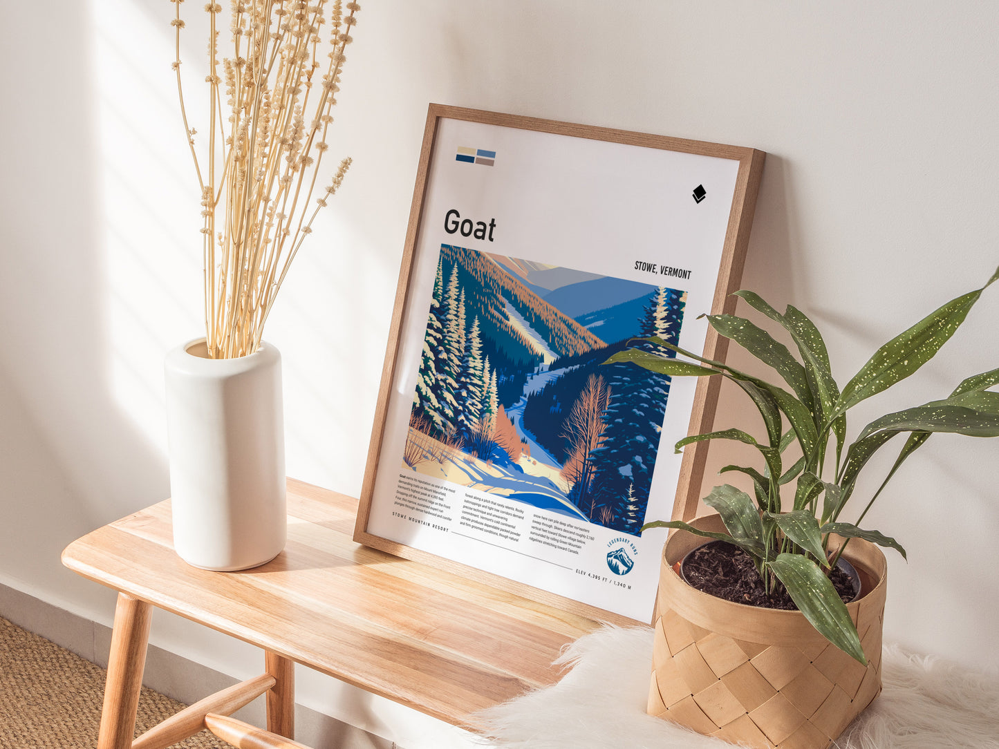 Goat, Stowe Poster | Mountain Goat Ski Trail Wall Art — styled in a modern interior
