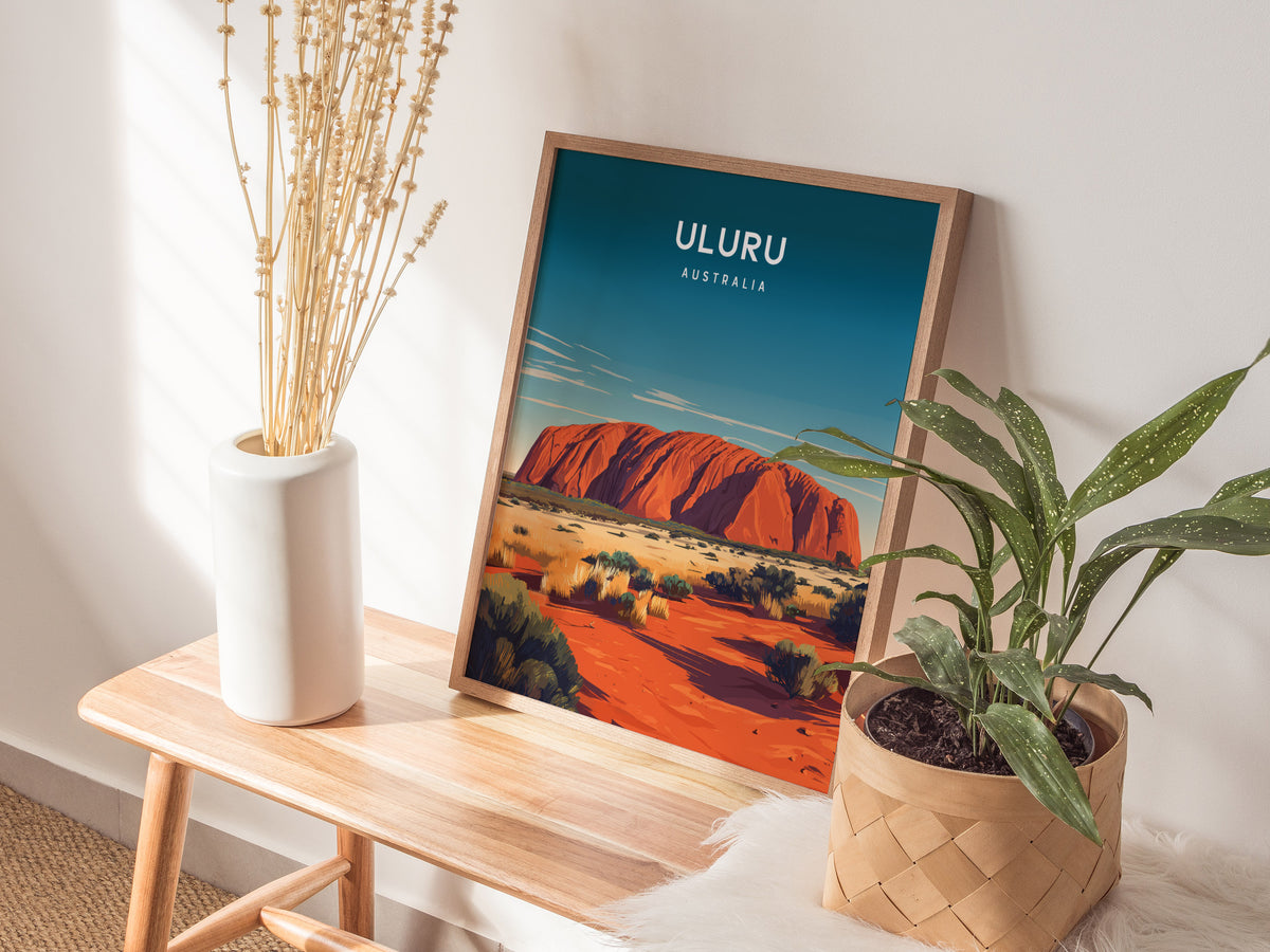 Uluru, Australia Poster | Sacred Red Rock Desert Destination Print Wall Art — styled in a modern interior