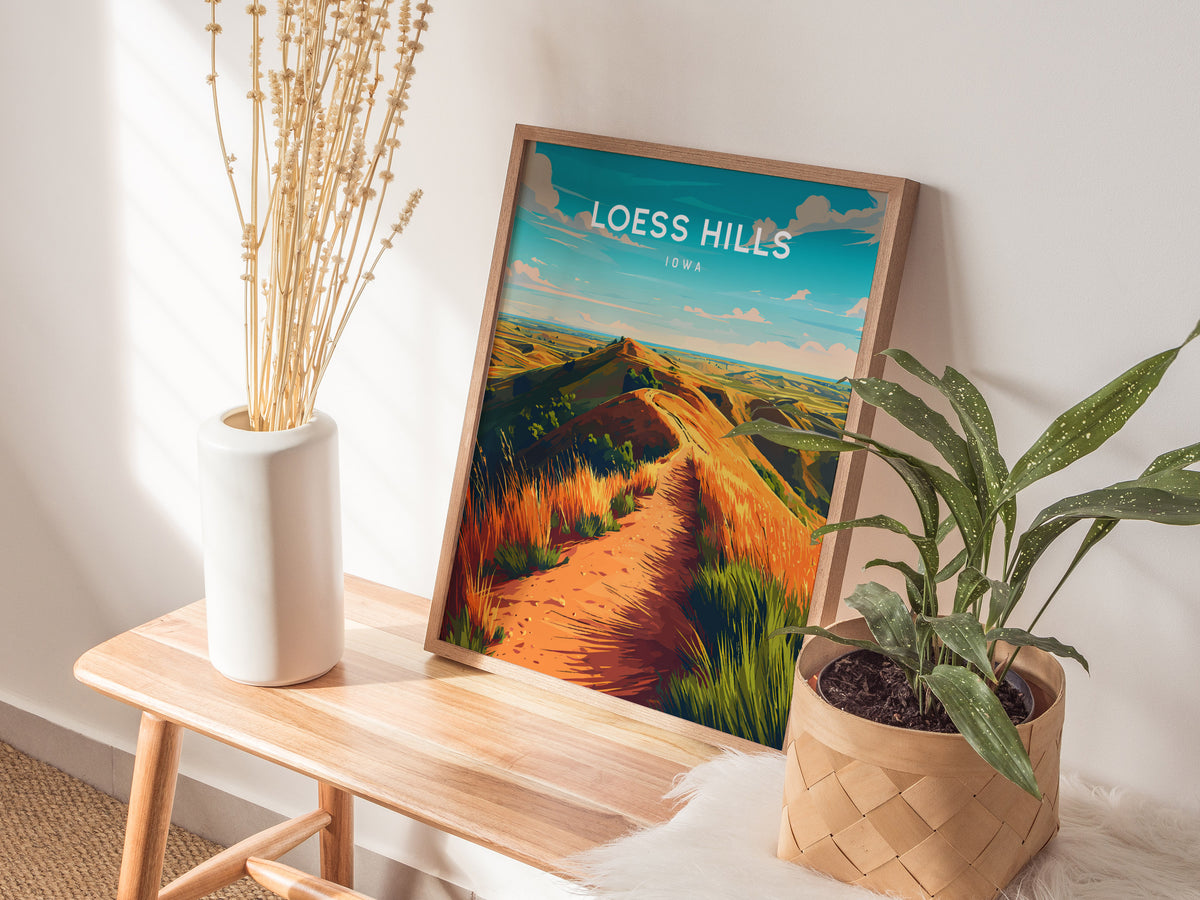 Loess Hills, Iowa Poster | Rolling Prairie Bluffs Destination Print Wall Art — styled in a modern interior